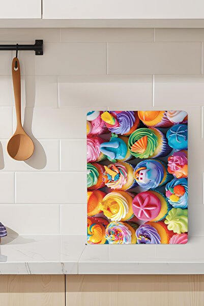 kutuTR Colorful Cupcake Pattern Tempered Glass Cutting Board 21X30 cm Size Uv...