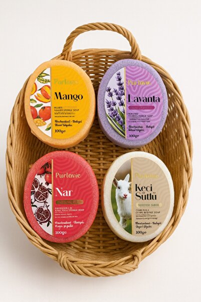 Purlavie صابون إسفنج طبيعي من بيكبلس 100 جرام. عبوة من 4 قطع (مانجو، لافندر، رمان، مع إضافة حليب الماعز)