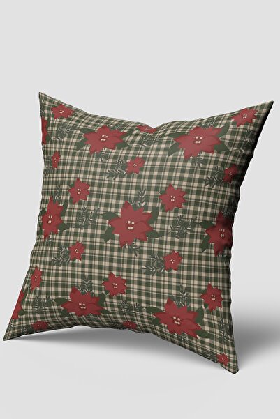 EsnafAli Green Plaid Poinsettia Flower Pattern Christmas Throw Pillow Cover