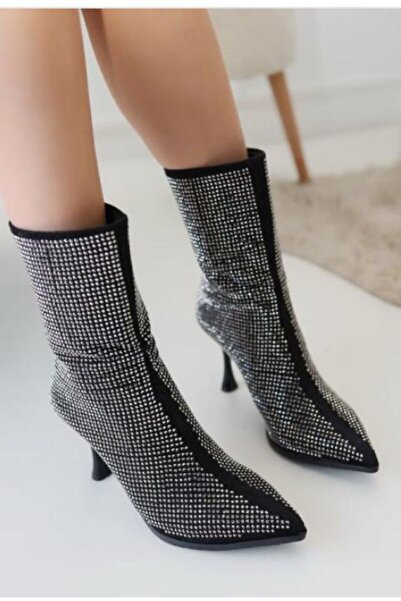 Demashoes Süet Gri Taşlı Ince Topuklu Kadın Çizme 9 cm