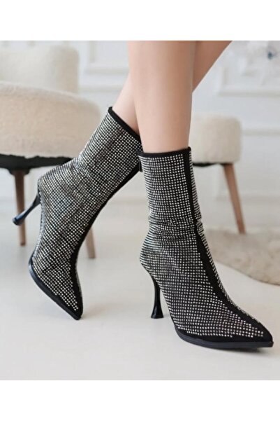 Demashoes Süet Gri Taşlı Ince Topuklu Kadın Çizme 9 cm