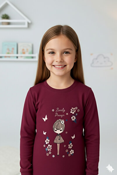 ROSAMİNA Girl's 100% Cotton Burgundy Floral Pattern Pajama Set