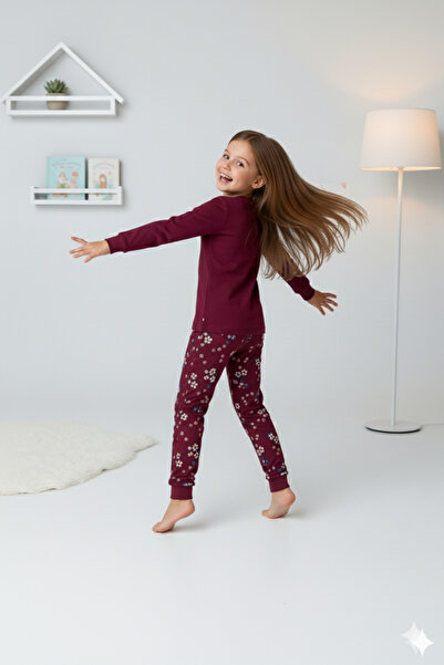 ROSAMİNA Girl's 100% Cotton Burgundy Floral Pattern Pajama Set