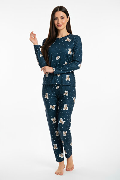 Bravie Crew Neck Suede Pajama Set 6003 with Teddy Bear