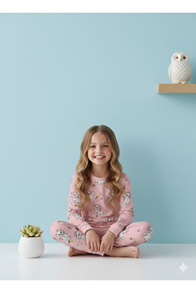 ROSAMİNA Σετ πιτζάμες για κορίτσια από 100% βαμβάκι με ροζ μοτίβο γάτας