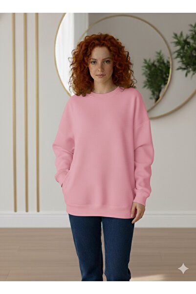 VOICTEC Women's Oversized Crew Neck Fleece-Lined Three Thread Sweatshirt