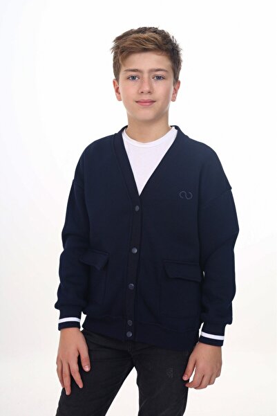 Toontoy سترة محبوكة للأولاد باللون الأزرق الداكن بياقة على شكل حرف V وجيوب مغ...