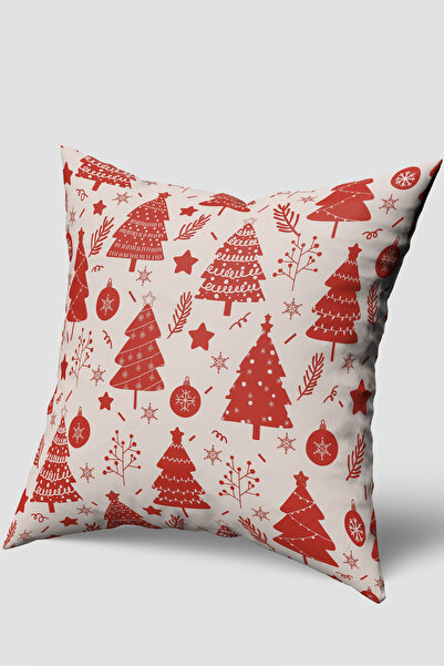 EsnafAli Husă de pernă cu model de copac de pin roșu bej și ornamente de Crăciun