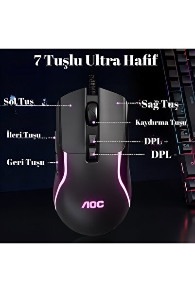 Aoc Gaming Mouse Oyuncu Mouse – 7200 DPI, 7 Renk Arka Işık, 80 g Ultra Hafif, Tak-Çalıştır