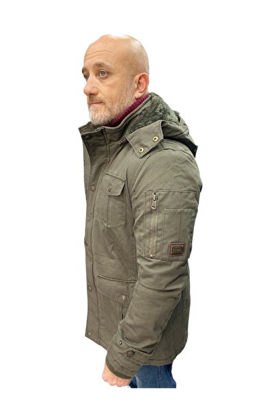 DYNAMO Men's Military Green Hooded Fur Lined Waterproof Thick Coat