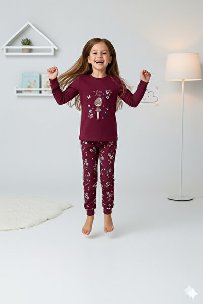 ROSAMİNA Girl's 100% Cotton Burgundy Floral Pattern Pajama Set