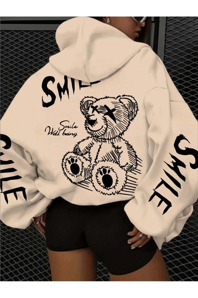 GALASHOP Cheerful Face & Teddy Bear Patterned K Hooded Sweatshirt for Women