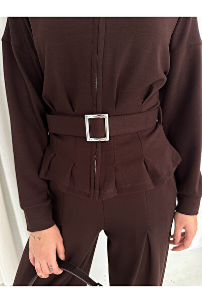 Gugus Women's Trendy Belted Waist Standing Collar Zippered Pocket Tracksuit Set