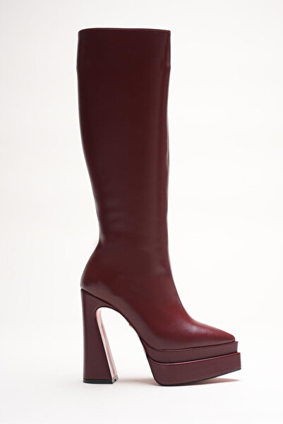 Ayakkabı Ateşi Women's Double Platform Pointed Toe High Heel Boots Jolly Burgundy Skin