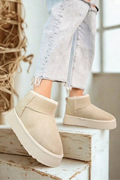 madam gold Γυναικείες μπότες μίνι σουέτ με χοντρή σόλα με επένδυση από γούνα