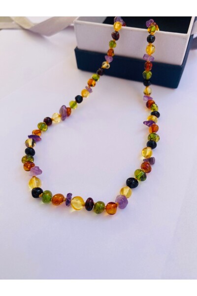 NİSSBEBE Certified Original Damla Amber Baby Kids Necklace (with Amethyst Stone) and Adult Turquoise Bracelet