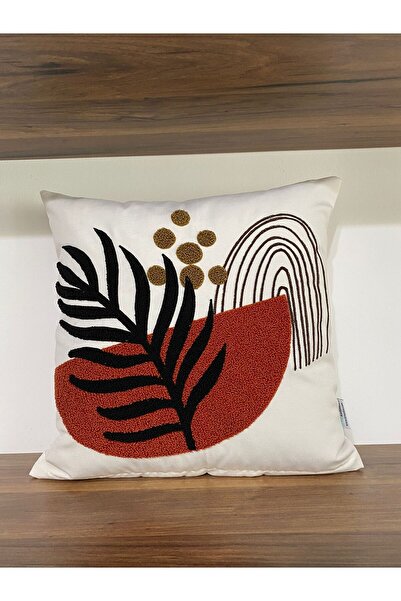KIRLENTİM Modern Plate Leaf Pattern Cushion Cover with Punch Embroidery on Cream Linen