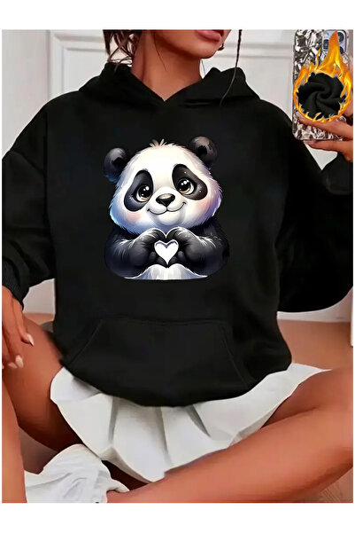 GALASHOP سويت شيرت بغطاء رأس برسومات قلب الباندا اللطيفة للنساء