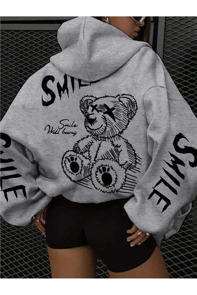 GALASHOP Kadınlar İçin Neşeli Yüz & Ayıcık Desenli Kapüşonlu Sweatshirt