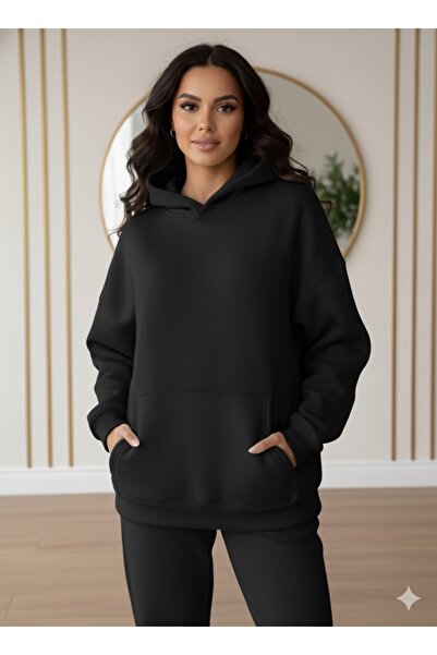 VOICTEC Women's Oversized Fleece-Lined Three Thread K Hooded Kangaroo Pocket Sweatshirt Hoodie