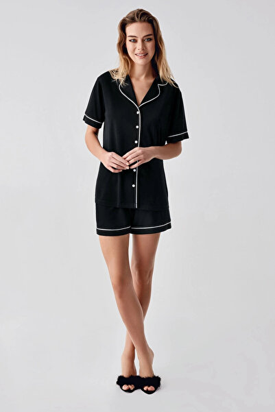 yusa stores Pajama Set with Robe and Shorts Women's 4-Piece Set Transitional - Black - L