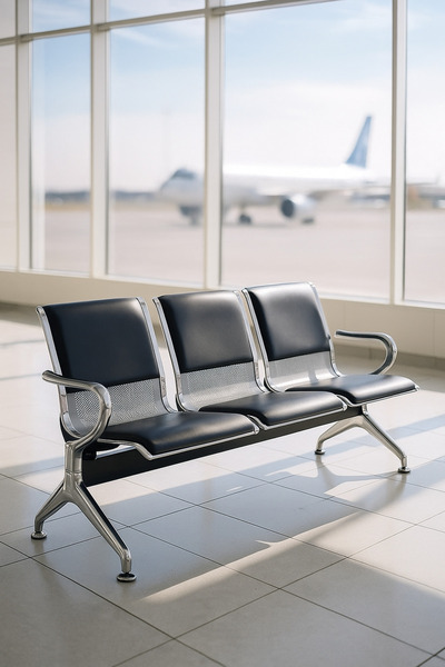 MARIA HOMES Silver 3Seater Waiting Chair Metal Frame Bench with Cushions 175×60×76 cm for Hospital & Reception