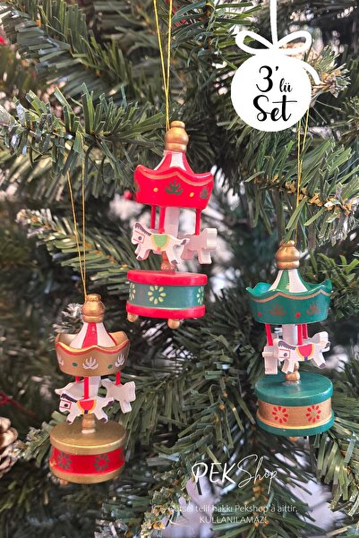 PEKSHOP Wooden Carousel Christmas Ornaments Set of 3 Christmas Gift Tree Ornament Carousel Objects