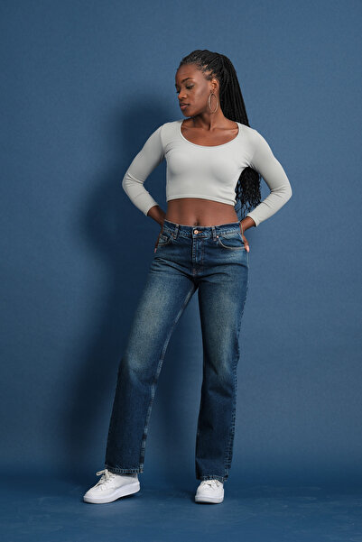 MINCHETTO Straight Women's Blue Rigit Regular Waist 5 Pocket Stonewashed Deni...