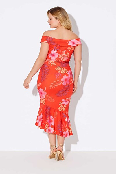 Şans Women's Plus Size Pomegranate, Carmen Neck Asymmetric Cut Flower Pattern Scuba Fabric Dress 65N39199