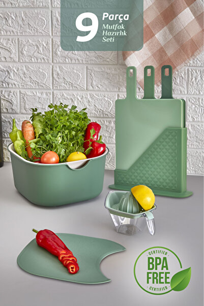 MOİ 9-Piece Kitchen Prep Set - Cutting Board with Stand and Handle, Mixing Bowl, Bowl, Strainer, Lemon Squeezer