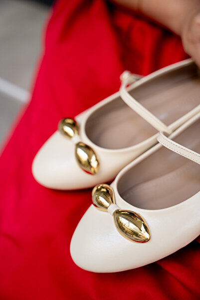 LAMİNTA Loes Ecru Leather Flat Women's Ballerinas with Gold Accessories