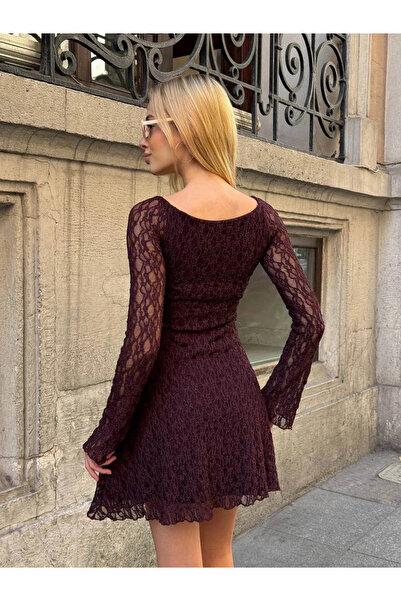 bysoca Kadın Kahverengi Uzun Kollu Kalp Yaka Göğsü Büzgülü Astarlı Kloş Etekli Dantel Mini Elbise