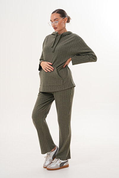 Miss Dünya Lissa Sofia Comfortable Form Knitwear Textured Hooded Maternity and Postpartum Tracksuit Set