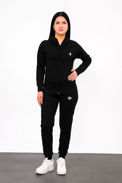 LFSPORT Women's Black Hooded Zippered Top and Bottom Tracksuit Set