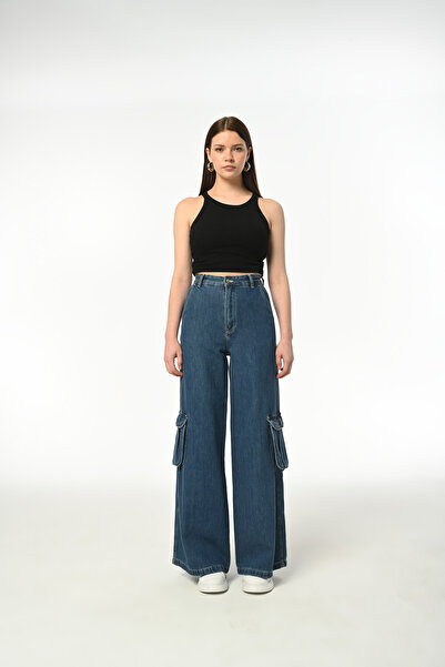 MINCHETTO أرجل واسعة CARGO POCKET بنطال جينز نسائي كاجوال ذو خصر عالٍ وجيب كا...