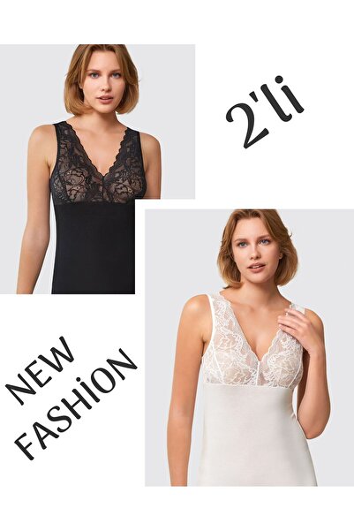 MYS GRUP TEKSTİL 2-Piece Thick Strap Lace Viscose Tank Top Berrak / 7015