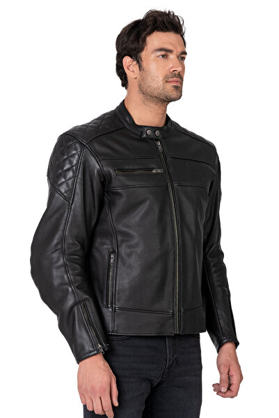 The Biker Jeans Hawk Black Korumalı Motosiklet Deri Montu Erkek