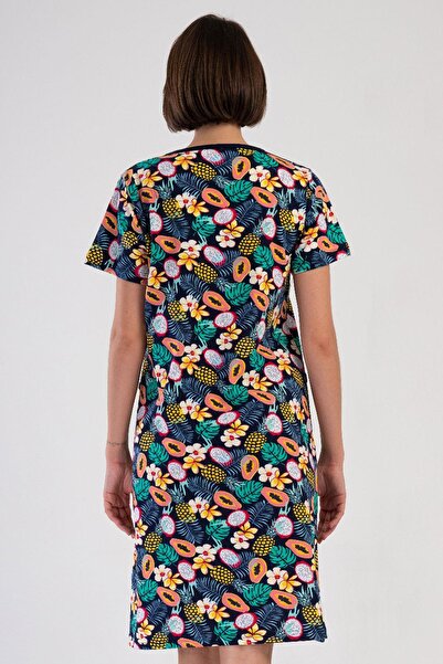 VİENETTA Women's Short Sleeve V-Neck Zipper Patterned Navy Blue Home Dress C2T0N3804