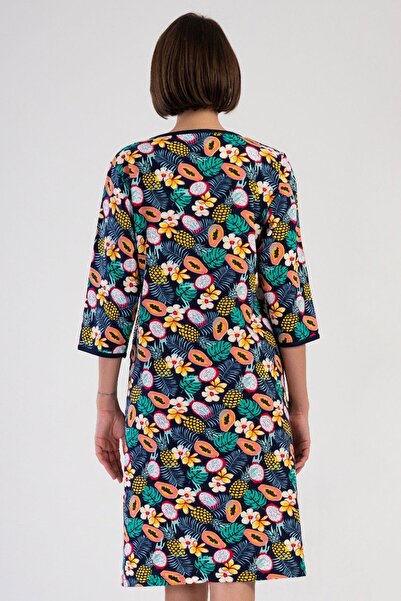 VİENETTA Women's Plus Size Capri Sleeve V-Neck Zipper Patterned Navy Blue Home Dress C3T0N3804