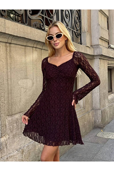 bysoca Kadın Kahverengi Uzun Kollu Kalp Yaka Göğsü Büzgülü Astarlı Kloş Etekli Dantel Mini Elbise