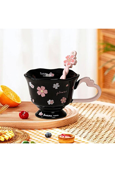 Dörtel Tedarik Sakura Flower Design Ceramic Mug with Spoon in Special Box 1972