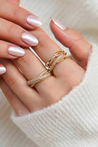 TREND COLLECTİON Altın Kaplama Işıltılı Taşlı Zincir 2'li Yüzük Seti – Kadın