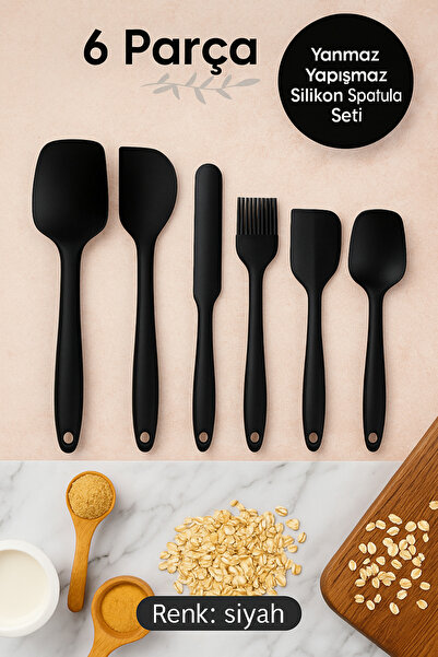 Alvin 6 Parça Siyah Silikon Spatula Seti – Yanmaz Yapışmaz, Isıya Dayanıklı M...