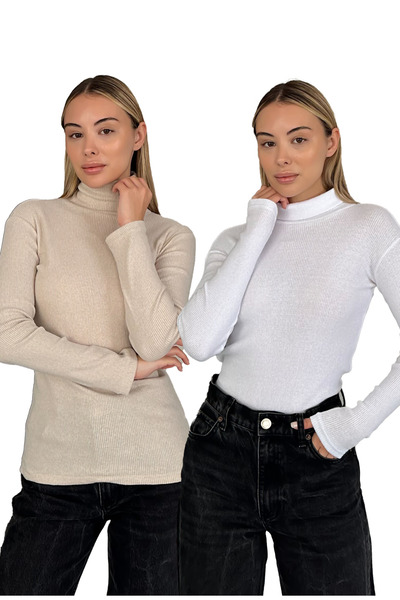 RDK Giyim Σετ 2 τεμαχίων πουλόβερ με ζιβάγκο από βαμβάκι Unisex - Μπεζ Λευκό