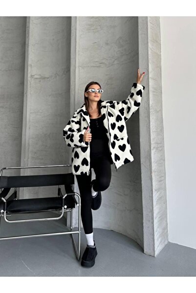 ae fashion Kadın Kalpli Kapüşonlu Oversize Peluş Mont