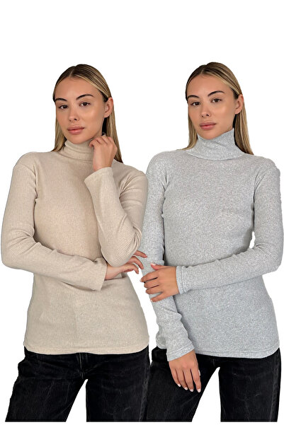 RDK Giyim Σετ 2 πουλόβερ με ζιβάγκο από βαμβάκι Unisex - Μπεζ γκρι