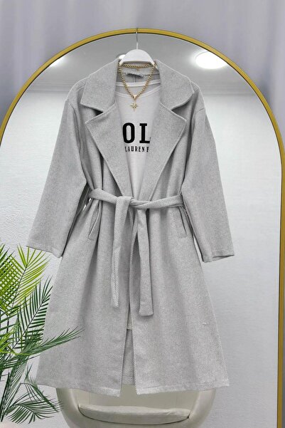 PALMİYE GİYİM Balıksırtı Astarsız Kuşaklı Uzun Kaban