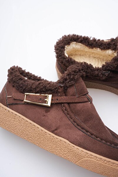 Mubiano Kadın Süet Loafer Ayakkabı Kürklü Tokalı Kahve Selva