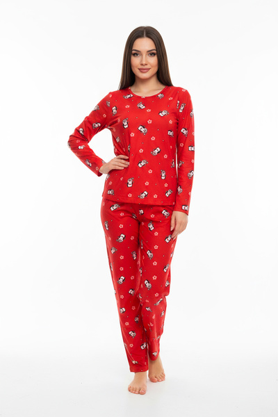 Bravie Crew Neck Suede Pajama Set 6005 Penguin Red