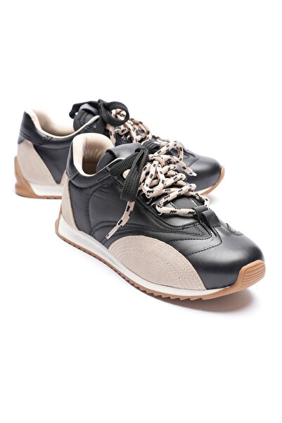 Mubiano Γυναικείο δερμάτινο sneaker με λεπτομέρεια αλεξίπτωτου σε μαύρο-μπεζ ...